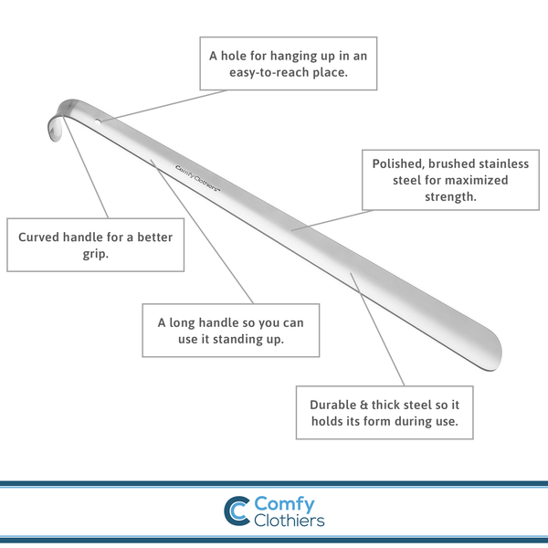 Long Metal Shoe Horn - 16.5 inches, 100% Stainless Steel
